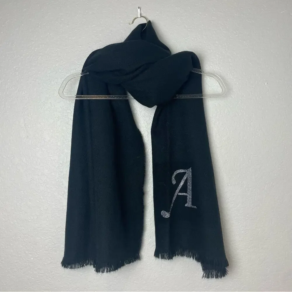 Thick Black Scarf with Silver Rhinestone “A”